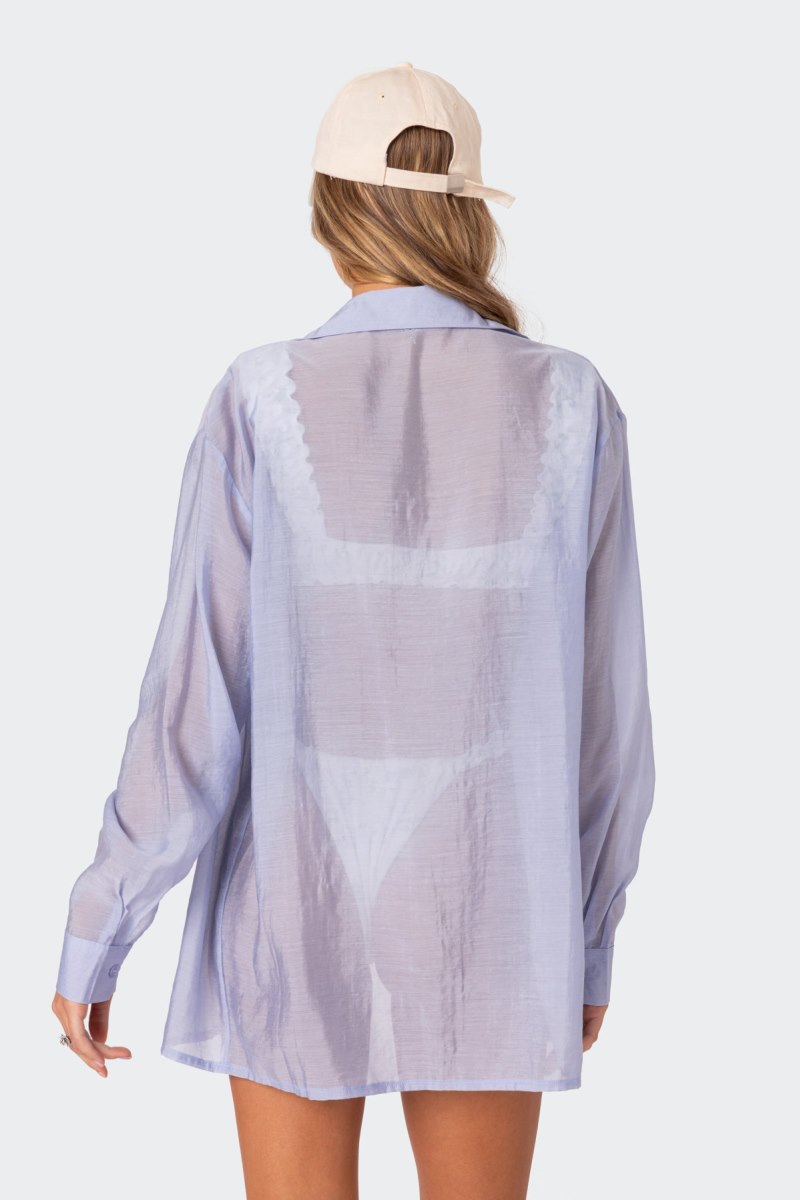 Edikted Bryce Oversized Sheer Button Up Shirt Long Sleeve Tops Blue | USA CA246624X1