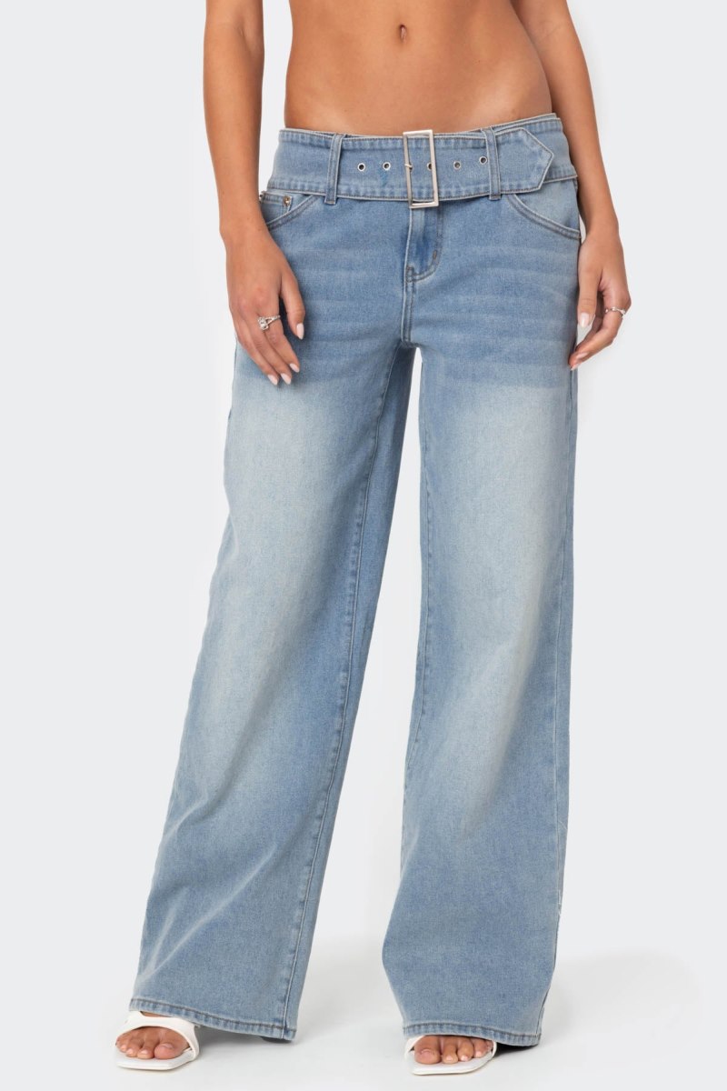 Edikted Buckle Baby Washed Relaxed Jeans Blue Washed | USA EV977257Y2