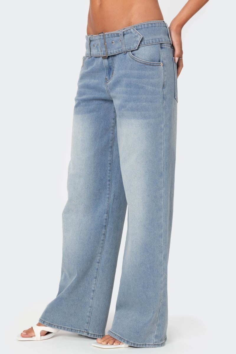 Edikted Buckle Baby Washed Relaxed Jeans Blue Washed | USA EV977257Y2
