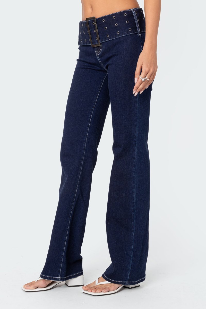 Edikted Buckle Belt Washed Flared Jeans Black Washed | USA AK112041Y5