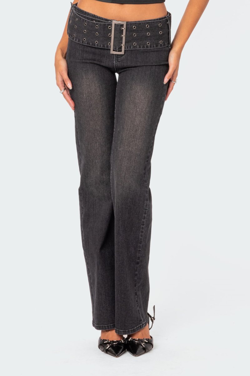 Edikted Buckle Belt Washed Flared Jeans Black Washed | USA CS576297P8