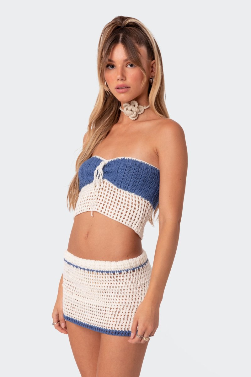 Edikted Cabana Contrast Crochet Crop Strapless Tops Blue And Cream | USA MT537243R7