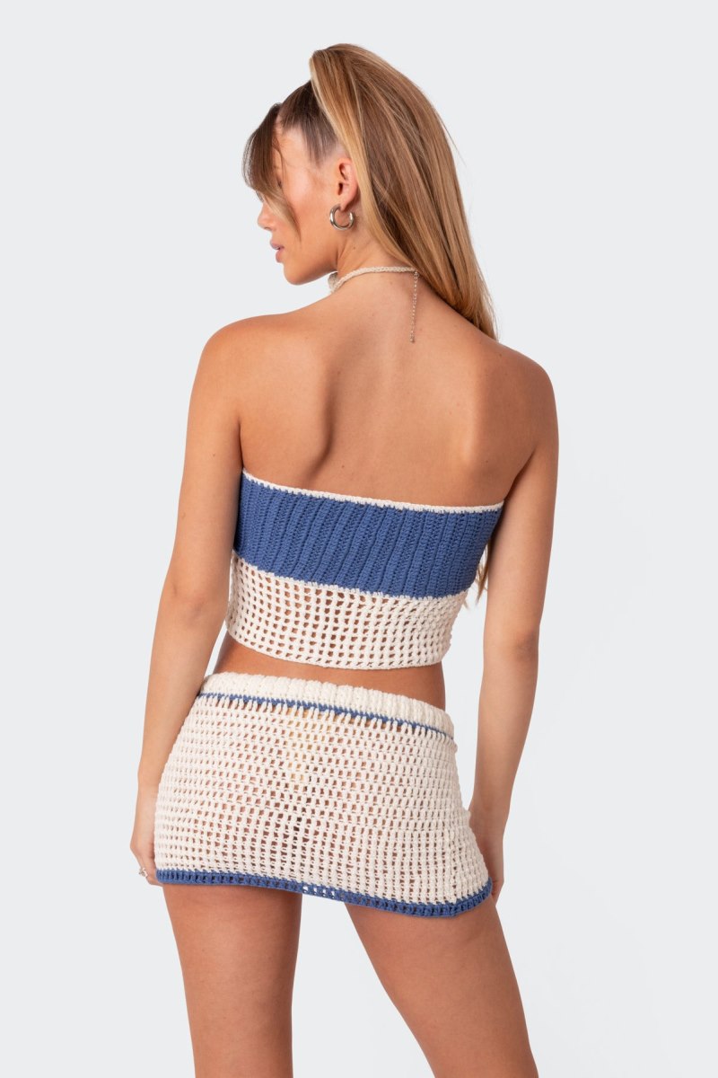 Edikted Cabana Contrast Crochet Crop Strapless Tops Blue And Cream | USA MT537243R7