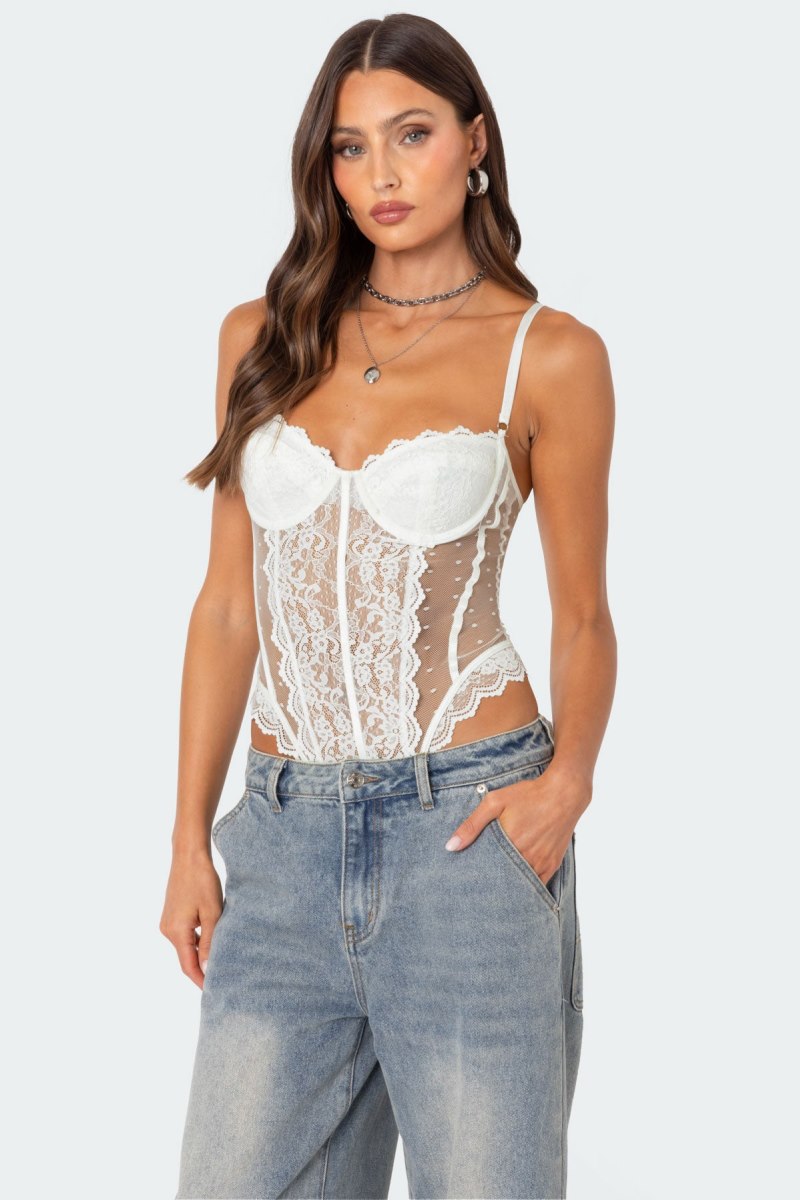 Edikted Cabaret Lacey Sheer Mesh Bodysuit White | USA RN937663B7