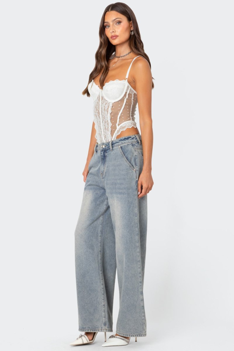 Edikted Cabaret Lacey Sheer Mesh Bodysuit White | USA RN937663B7
