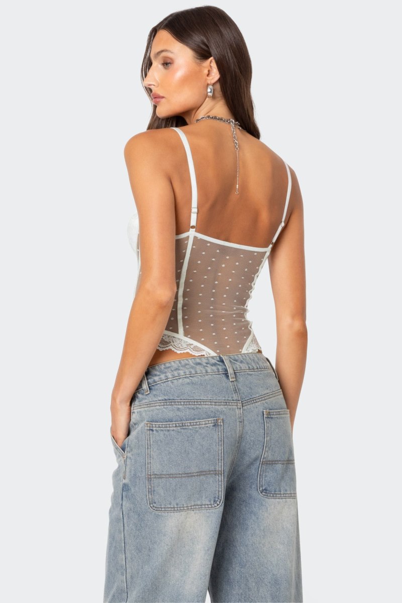 Edikted Cabaret Lacey Sheer Mesh Bodysuit White | USA RN937663B7