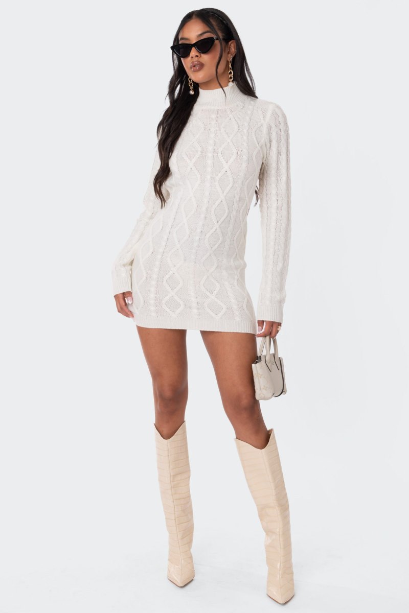 Edikted Cable Knit Open Back Long Sleeve Dress White | USA YQ430753G0