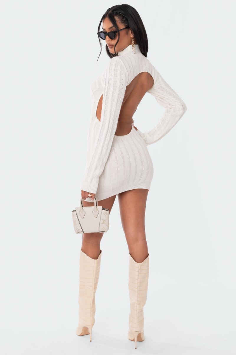 Edikted Cable Knit Open Back Long Sleeve Dress White | USA YQ430753G0