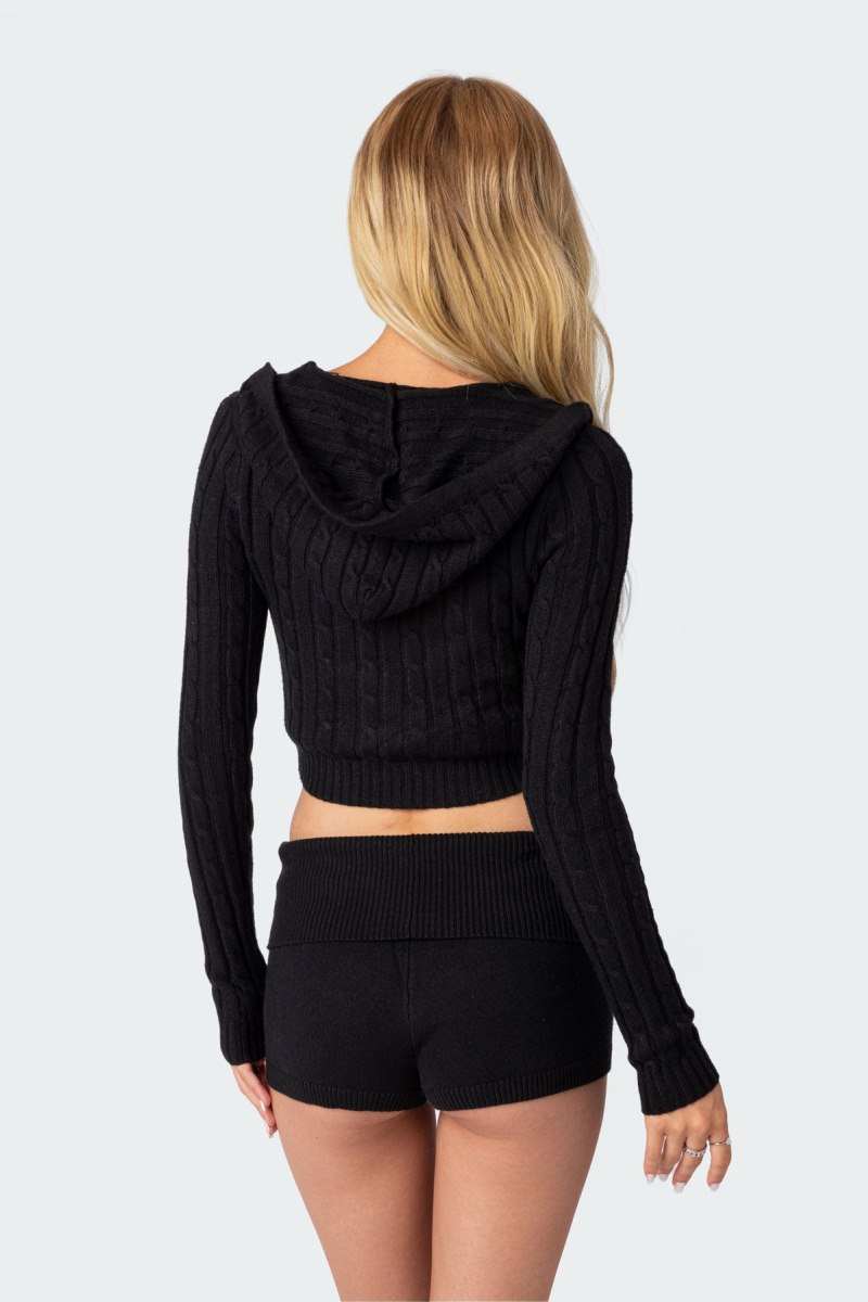 Edikted Cable Knit Zip Up Cardigan Black | USA ZH622502N4