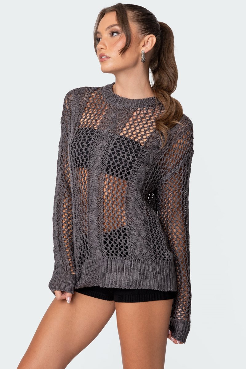 Edikted Cable Open Knit Sweater Dark Gray | USA SN182588O1