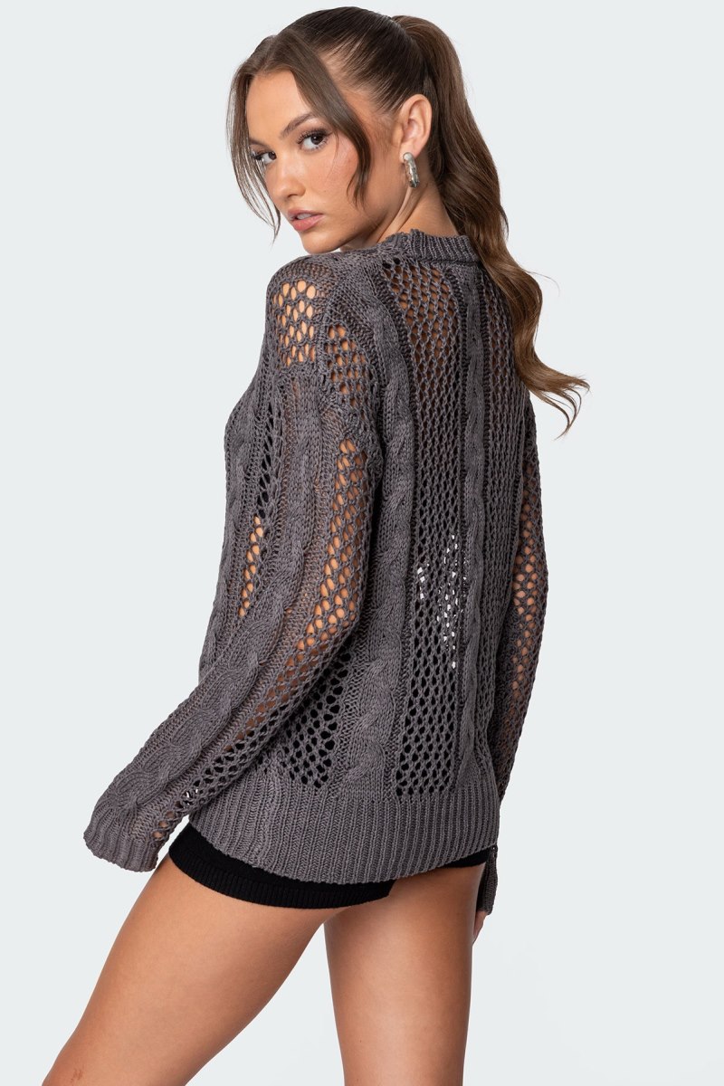 Edikted Cable Open Knit Sweater Dark Gray | USA SN182588O1