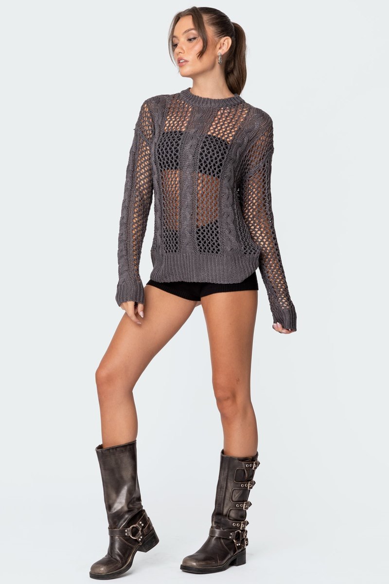 Edikted Cable Open Knit Sweater Dark Gray | USA SN182588O1