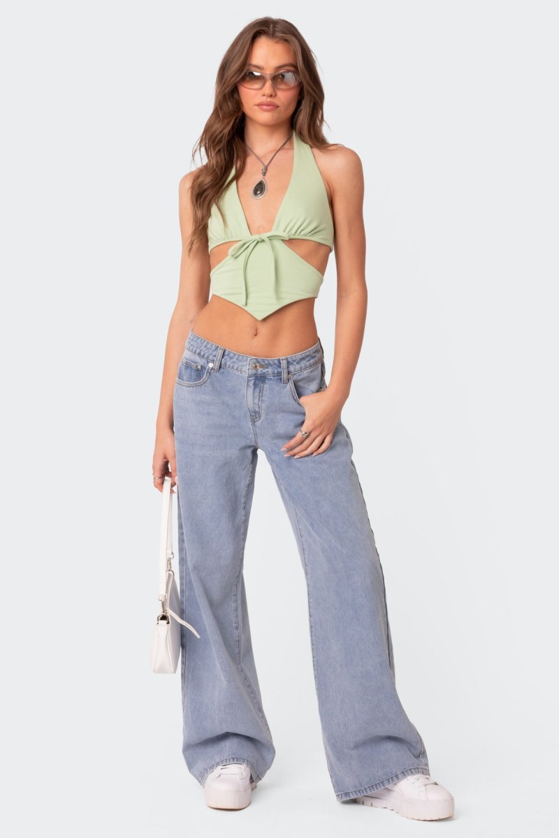 Edikted Cady Tie Front Cut Out Crop Tops Black | USA HH268036V6