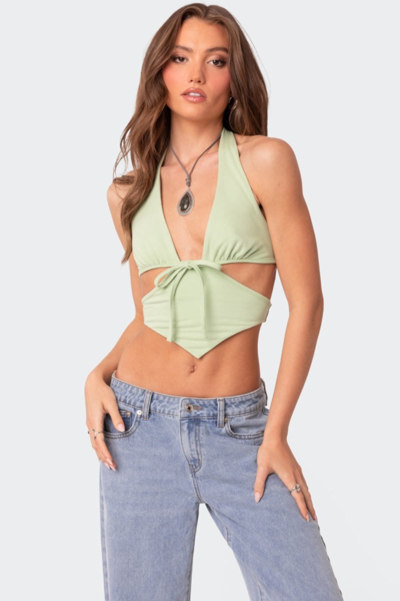 Edikted Cady Tie Front Cut Out Crop Tops Black | USA HH268036V6