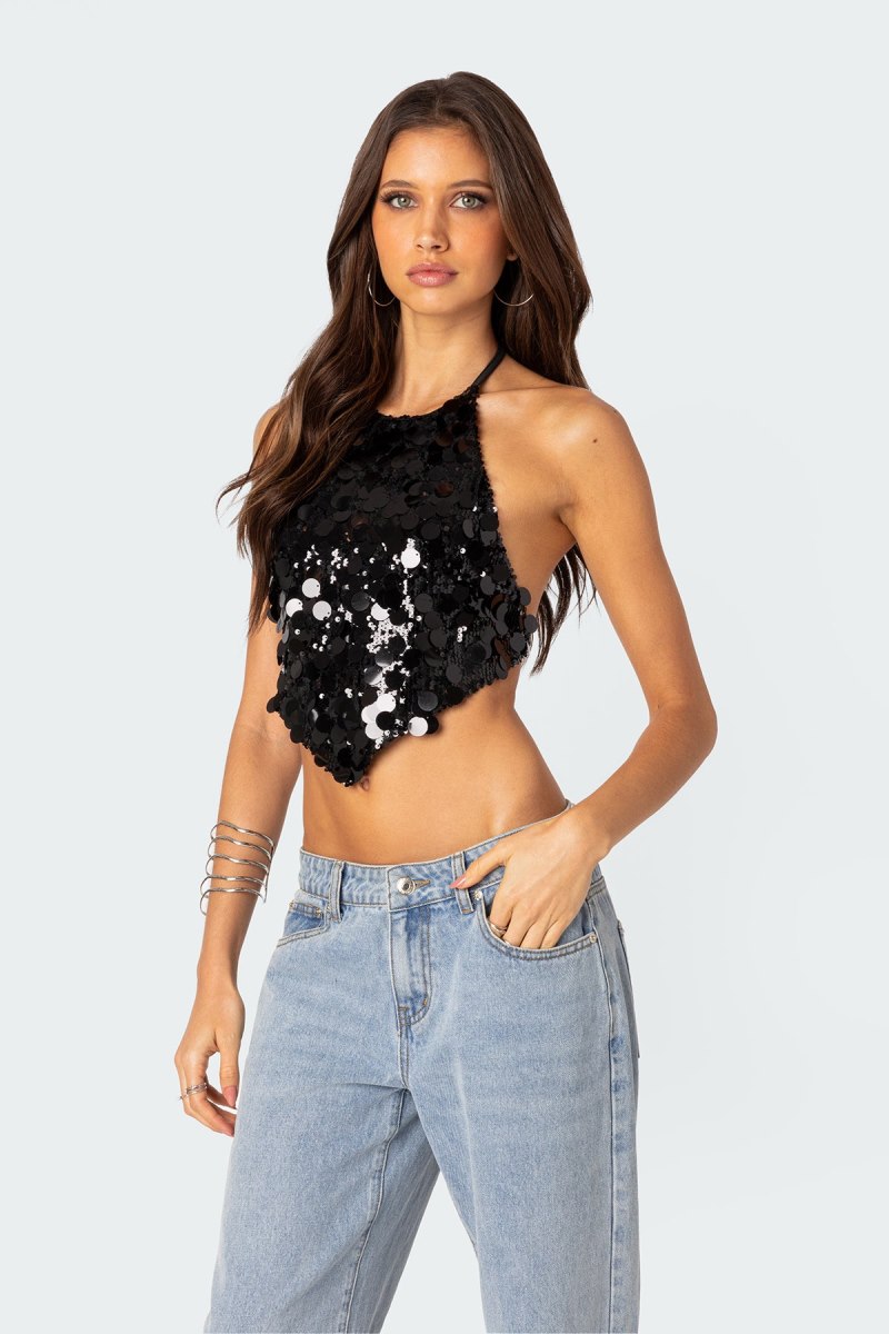 Edikted Caelia Sequin Open Back Crop Tops Black | USA UK051415G4