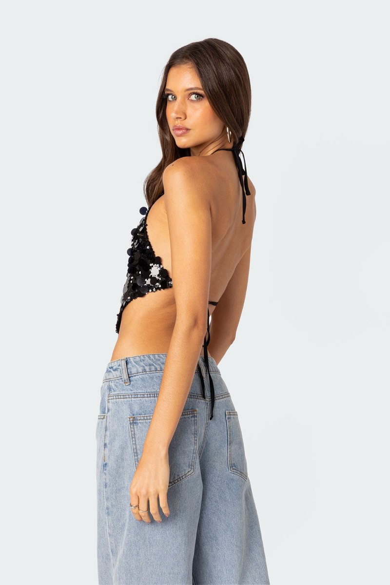 Edikted Caelia Sequin Open Back Crop Tops Black | USA UK051415G4