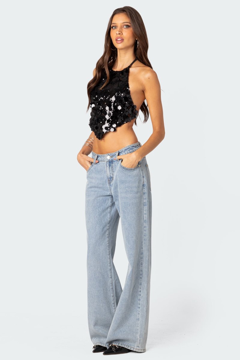 Edikted Caelia Sequin Open Back Crop Tops Black | USA UK051415G4