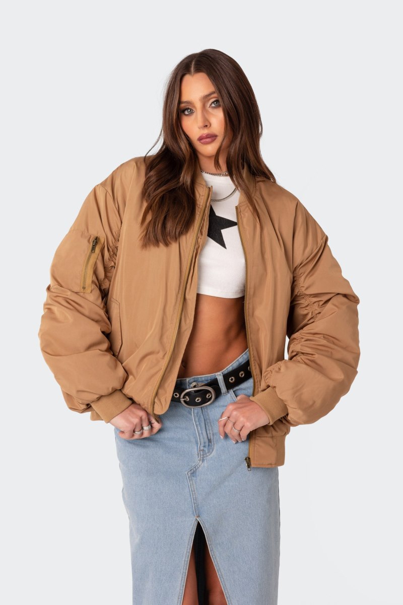 Edikted Cala Ruched Oversized Bomber Jackets Camel | USA AN618601L4