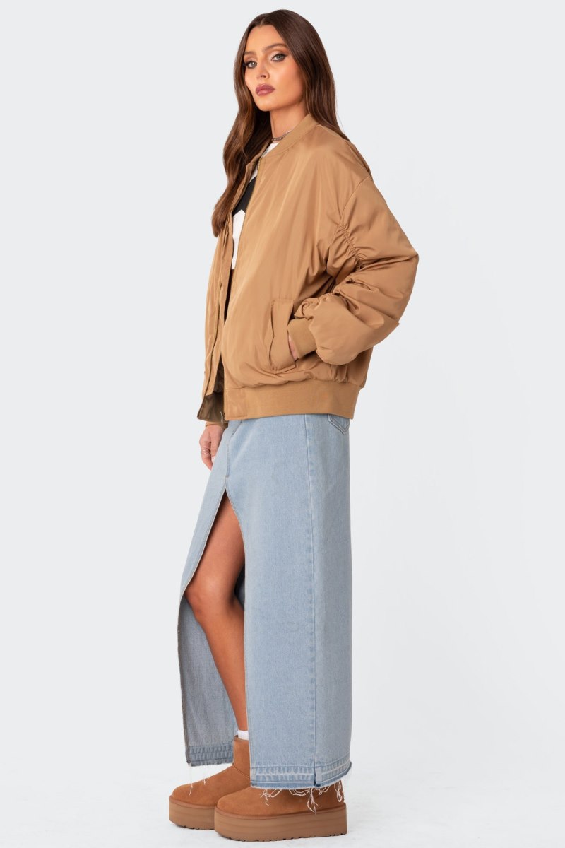 Edikted Cala Ruched Oversized Bomber Jackets Camel | USA AN618601L4