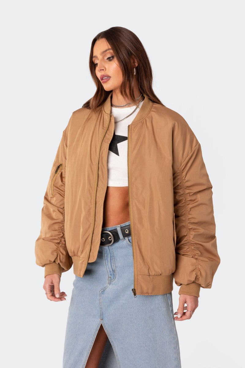 Edikted Cala Ruched Oversized Bomber Jackets Camel | USA AN618601L4
