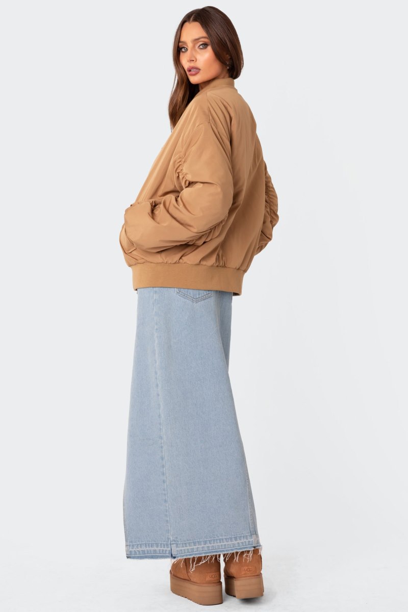 Edikted Cala Ruched Oversized Bomber Jackets Camel | USA AN618601L4