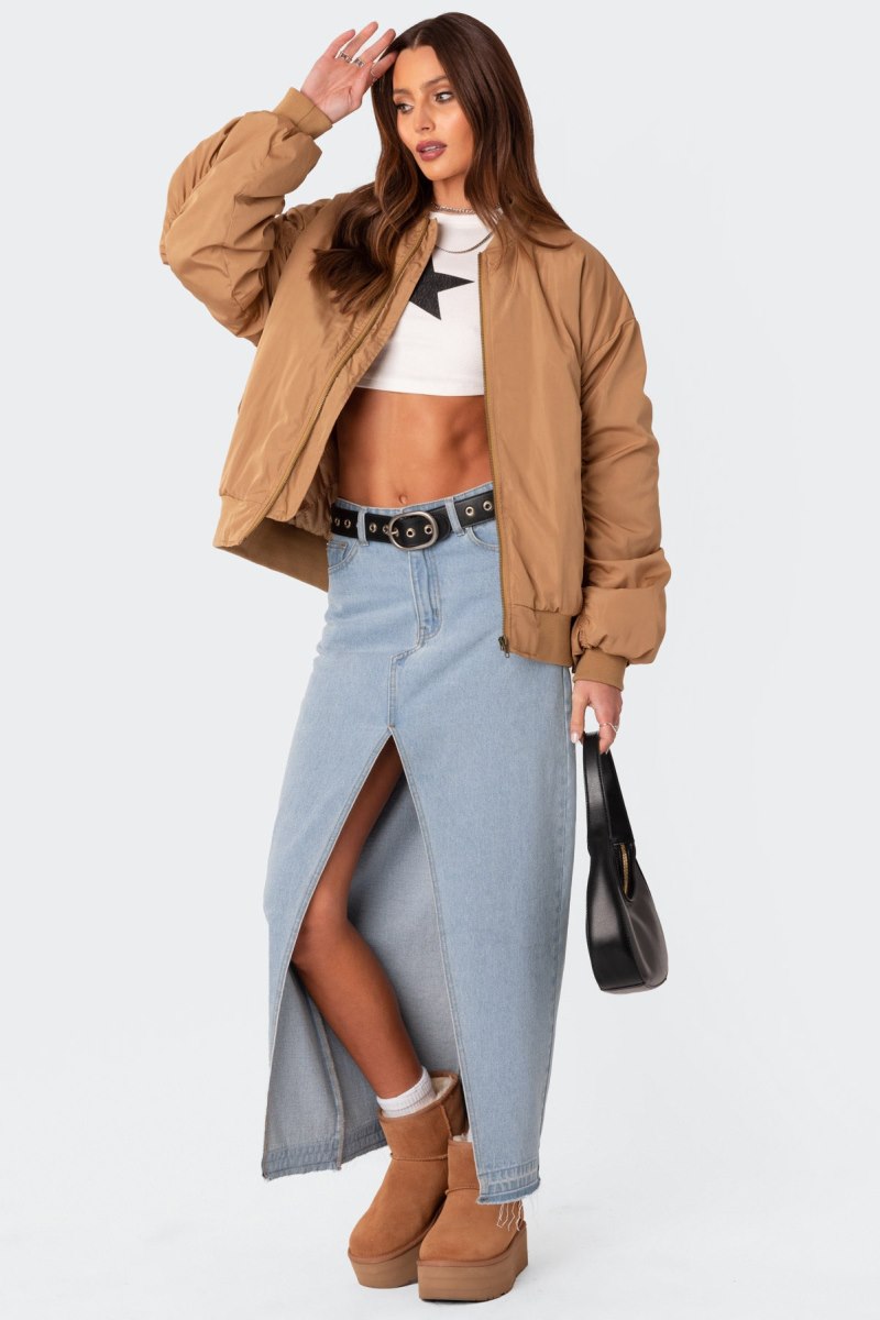 Edikted Cala Ruched Oversized Bomber Jackets Camel | USA AN618601L4