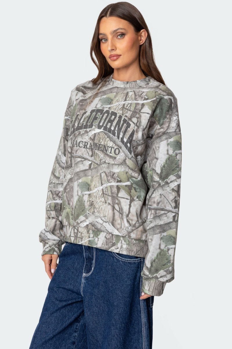 Edikted Cali Baby Camo Sweatshirt Long Sleeve Tops Olive | USA LQ689888U5