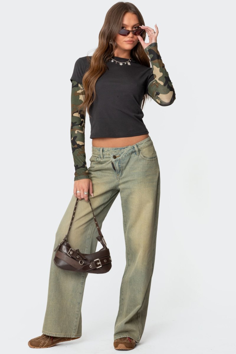 Edikted Camo Layered Long Sleeve Tops Dark Gray | USA WG502890E1