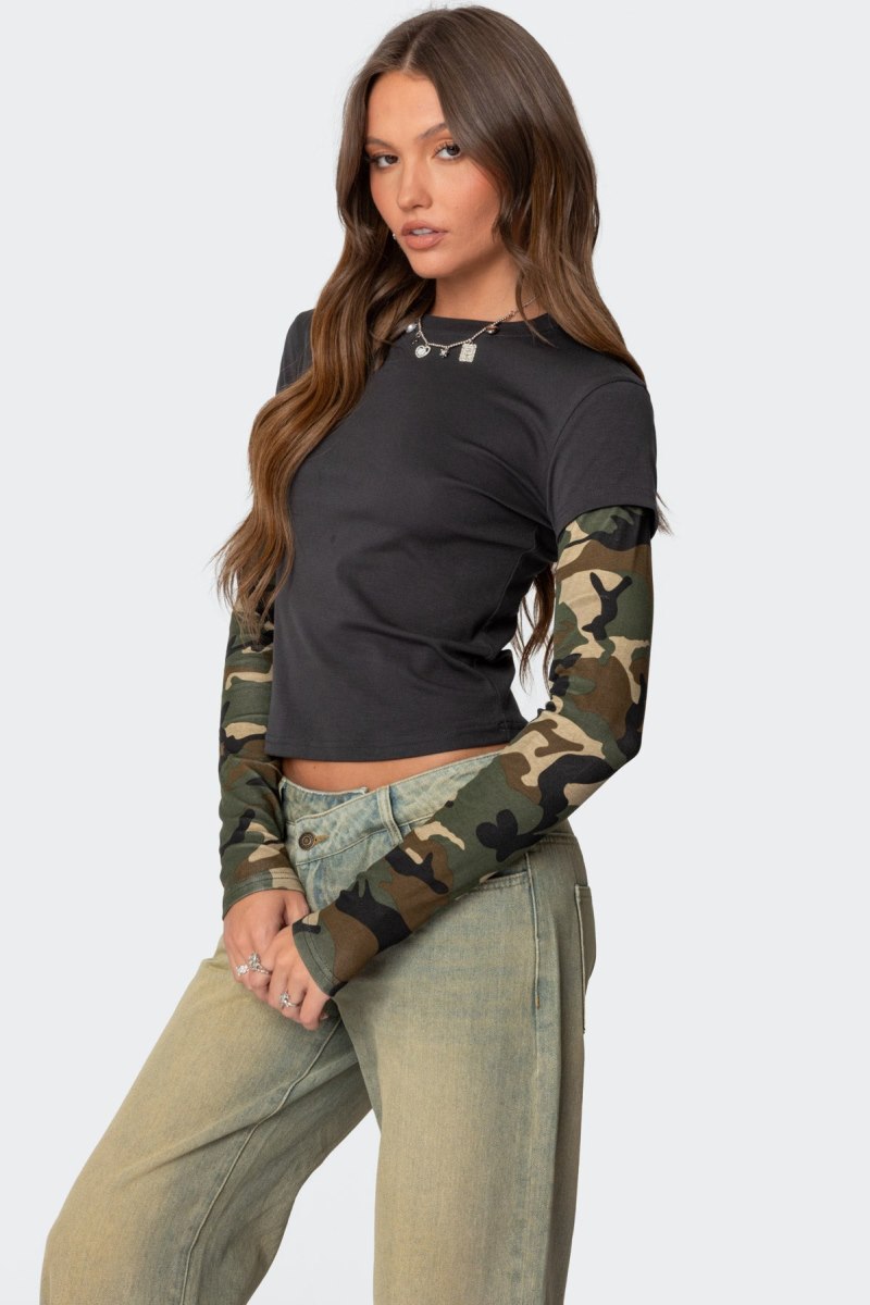Edikted Camo Layered Long Sleeve Tops Dark Gray | USA WG502890E1