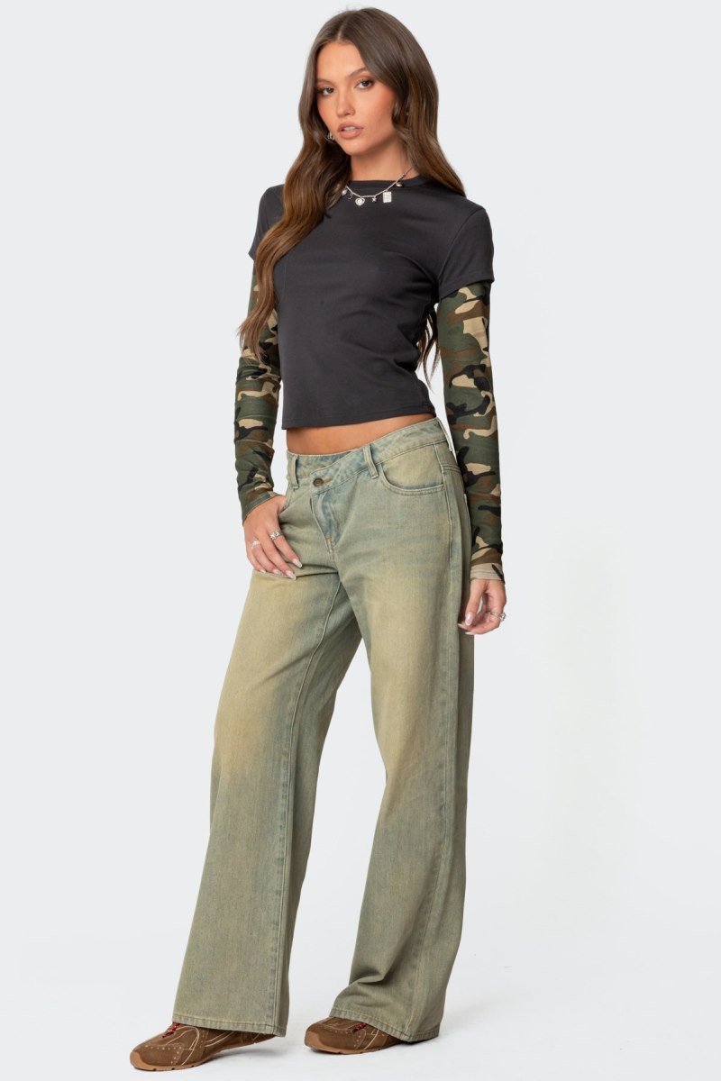 Edikted Camo Layered Long Sleeve Tops Dark Gray | USA WG502890E1