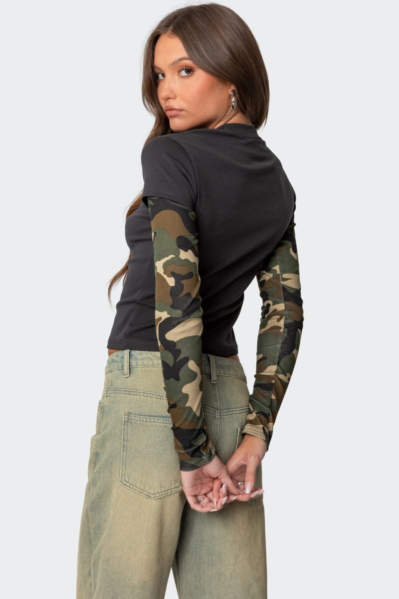 Edikted Camo Layered Long Sleeve Tops Dark Gray | USA WG502890E1