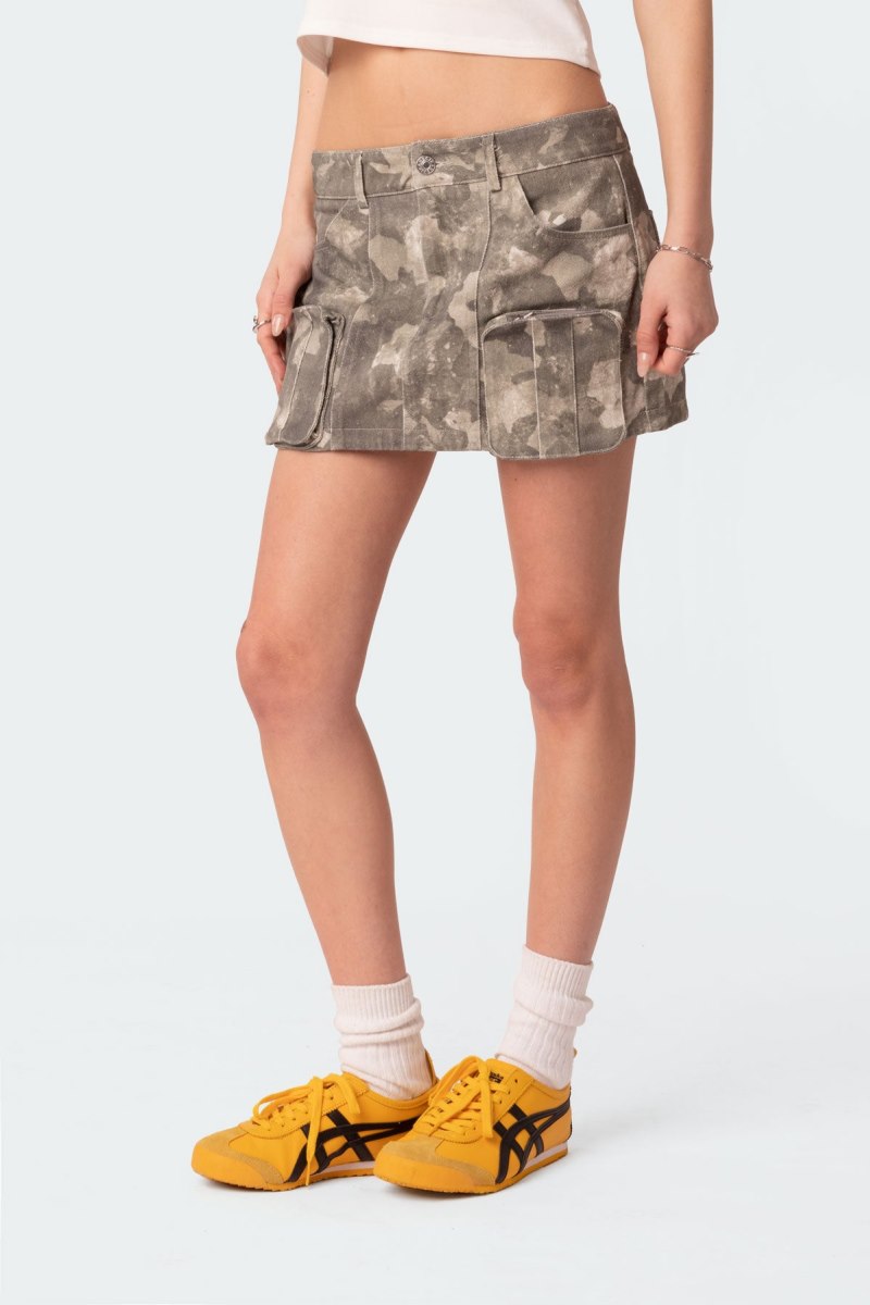 Edikted Camo Low Rise Denim Cargo Mini Skirts Olive | USA PZ735573W0