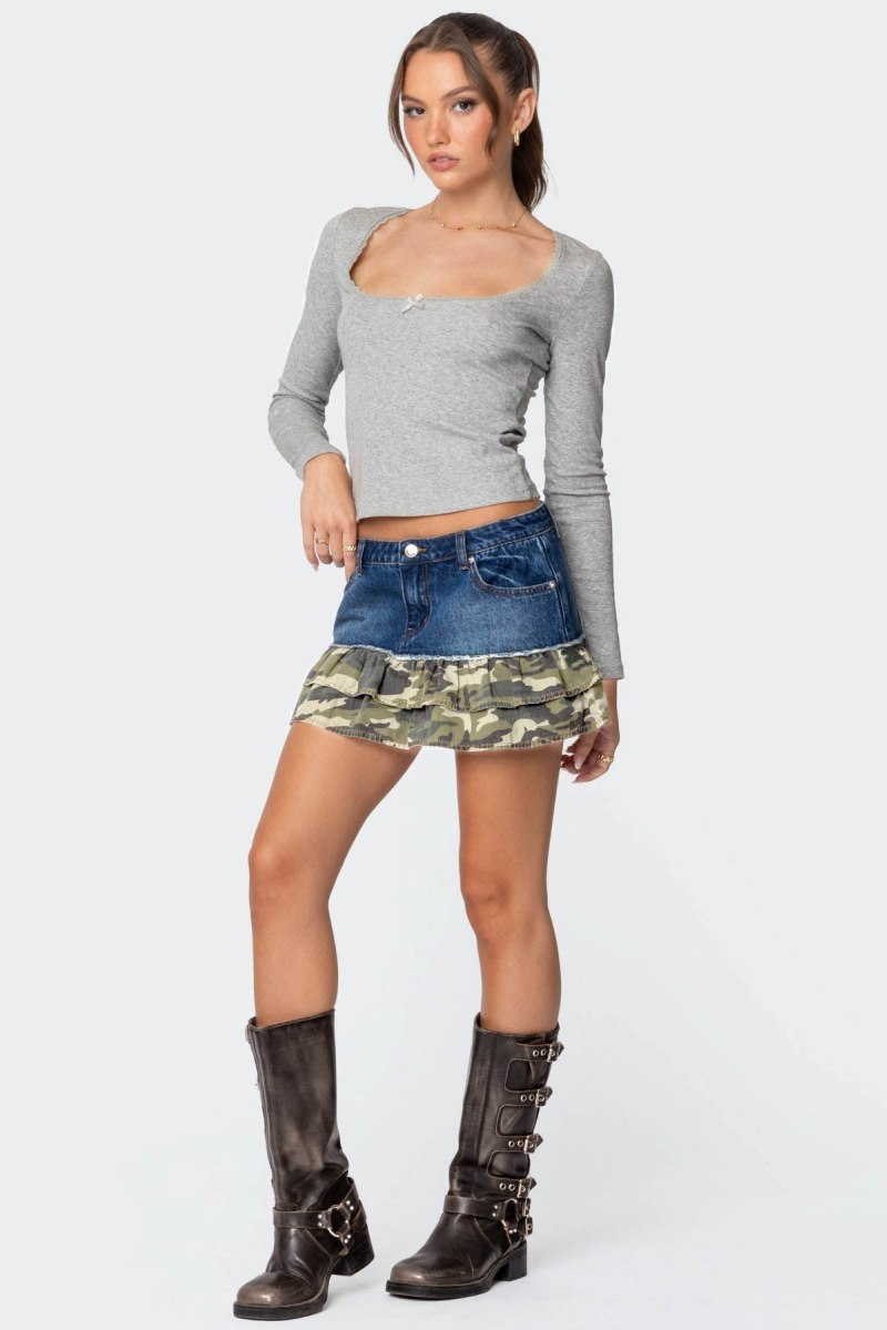 Edikted Camo Ruffle Denim Mini Skirts Blue Washed | USA ET731683P0