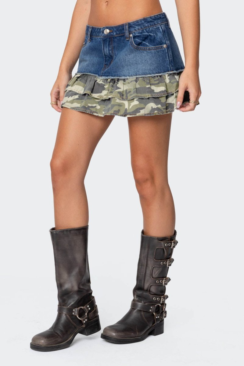 Edikted Camo Ruffle Denim Mini Skirts Blue Washed | USA ET731683P0