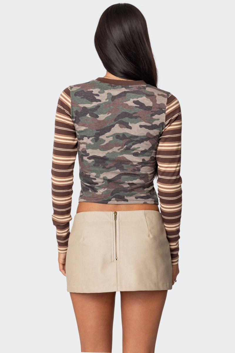 Edikted Camo & Stripe Long Sleeve T Shirt Graphic Tops Mix | USA NX102300N6