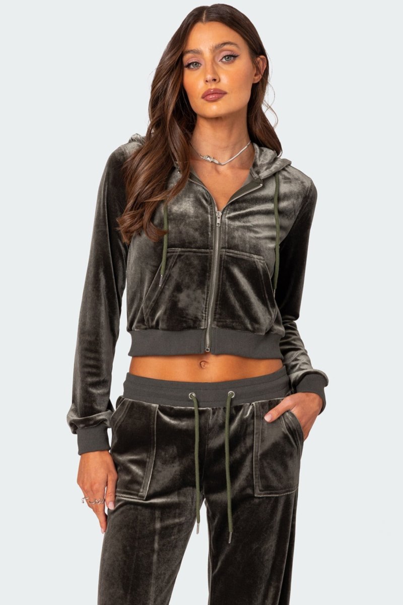 Edikted Camron Velvet Zip Up Hoodie Olive | USA JJ608970C6