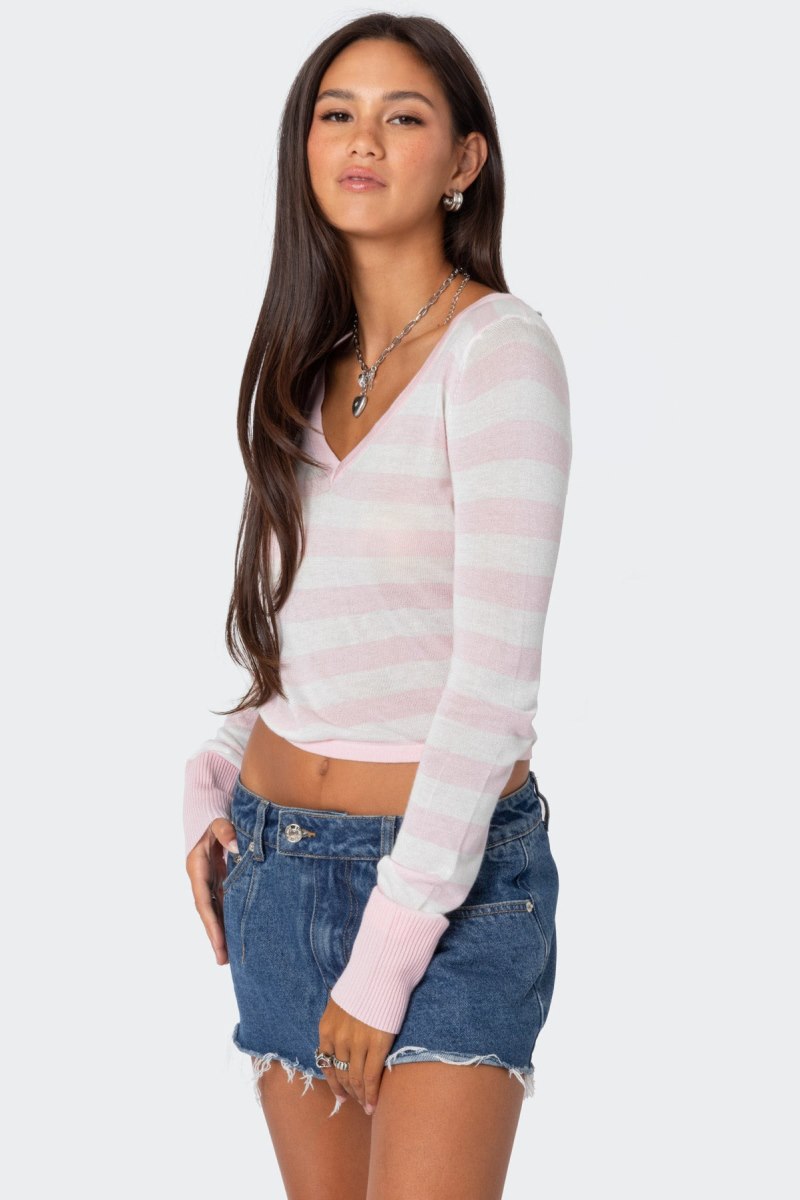 Edikted Candice Striped Knit Long Sleeve Tops Light Pink | USA GC059495C0