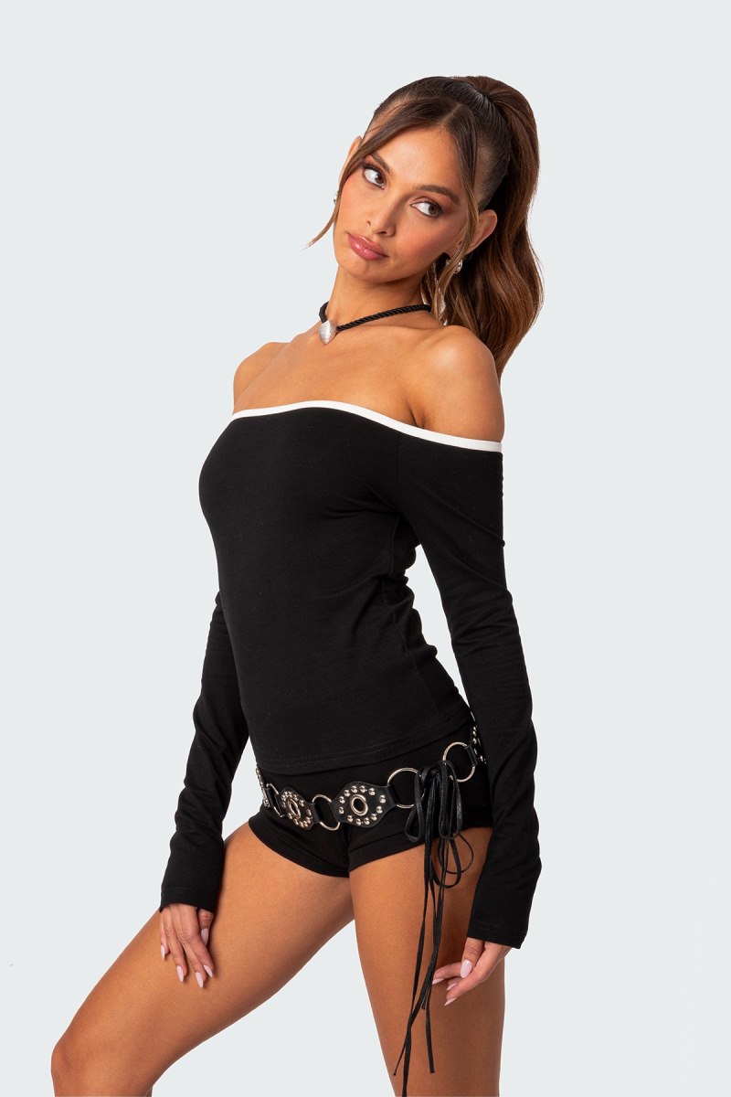 Edikted Captain Contrast Off Shoulder Long Sleeve Tops Black And White | USA LZ827082U2