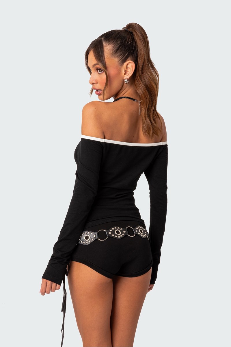 Edikted Captain Contrast Off Shoulder Long Sleeve Tops Black And White | USA LZ827082U2