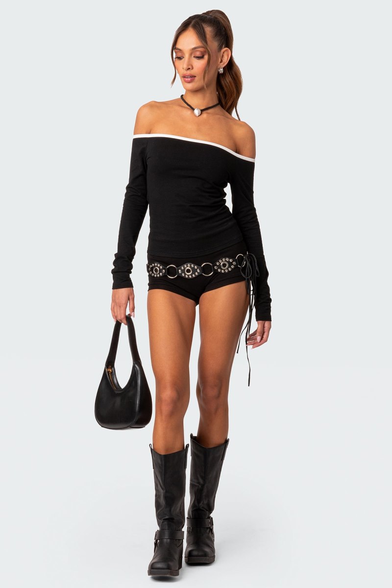 Edikted Captain Contrast Off Shoulder Long Sleeve Tops Black And White | USA LZ827082U2