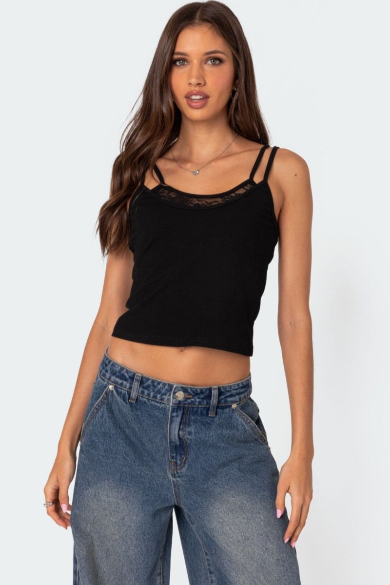 Edikted Carnation Lacey Layered Tank Top Black | USA XB333233F4