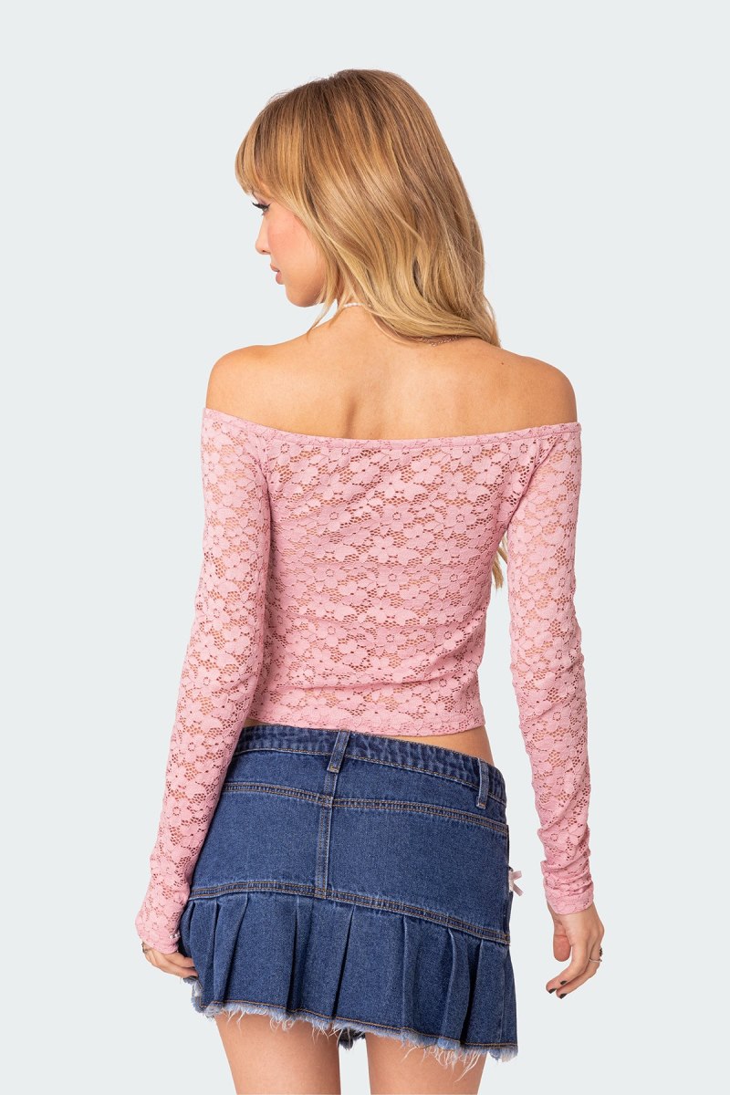 Edikted Carolina Off Shoulder Sheer Lace Long Sleeve Tops Pink | USA JS531943Y7