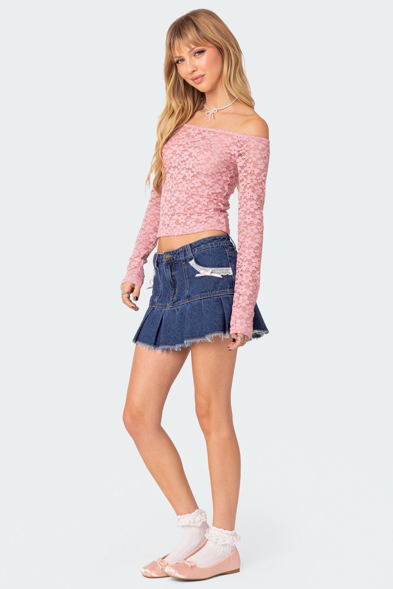 Edikted Carolina Off Shoulder Sheer Lace Long Sleeve Tops Pink | USA JS531943Y7