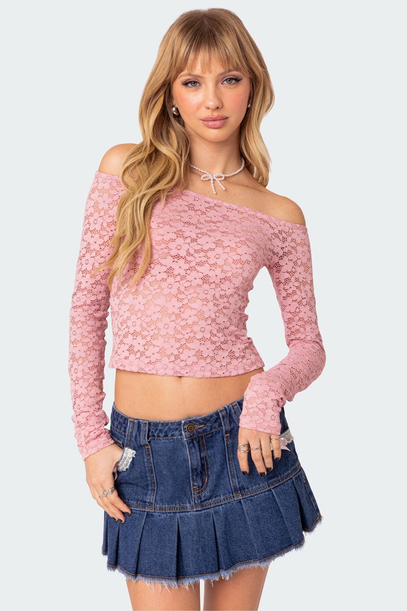 Edikted Carolina Off Shoulder Sheer Lace Long Sleeve Tops Pink | USA JS531943Y7