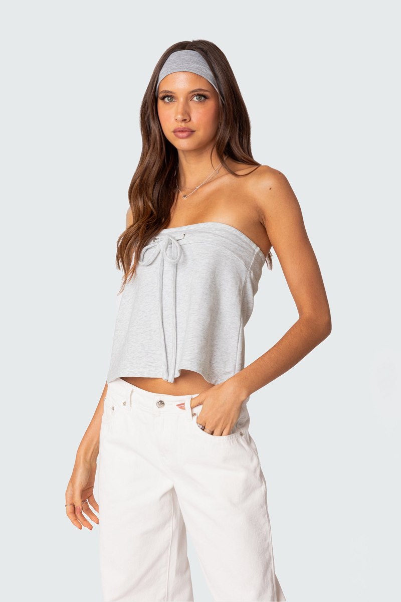 Edikted Caroline Tie Front Strapless Strapless Tops Gray Melange | USA UM743634Y7