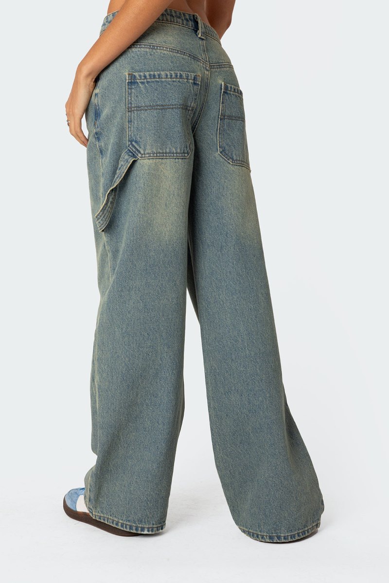 Edikted Carpenter Low Rise Jeans Blue Washed | USA SJ670817H4