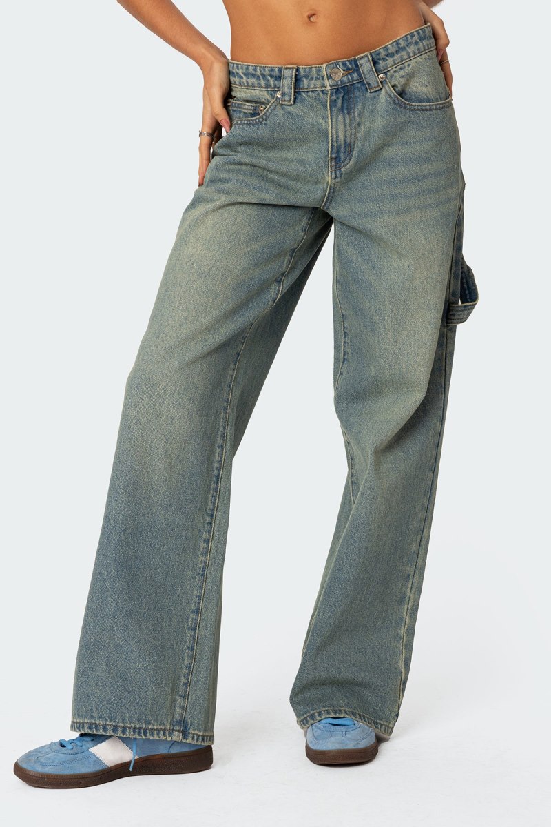 Edikted Carpenter Low Rise Jeans Blue Washed | USA SJ670817H4