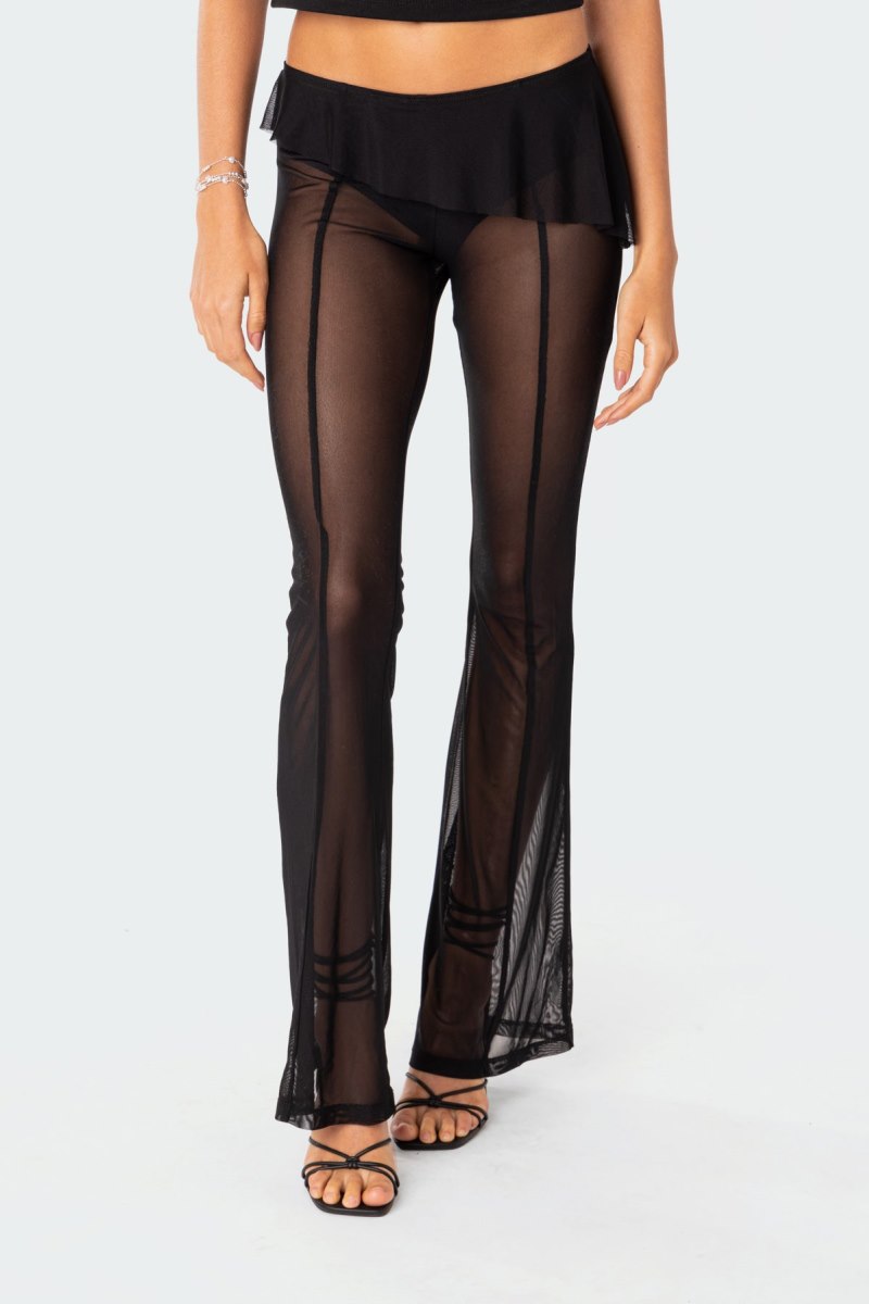 Edikted Carsen Ruffle Sheer Mesh Pants Black | USA RC907610G9