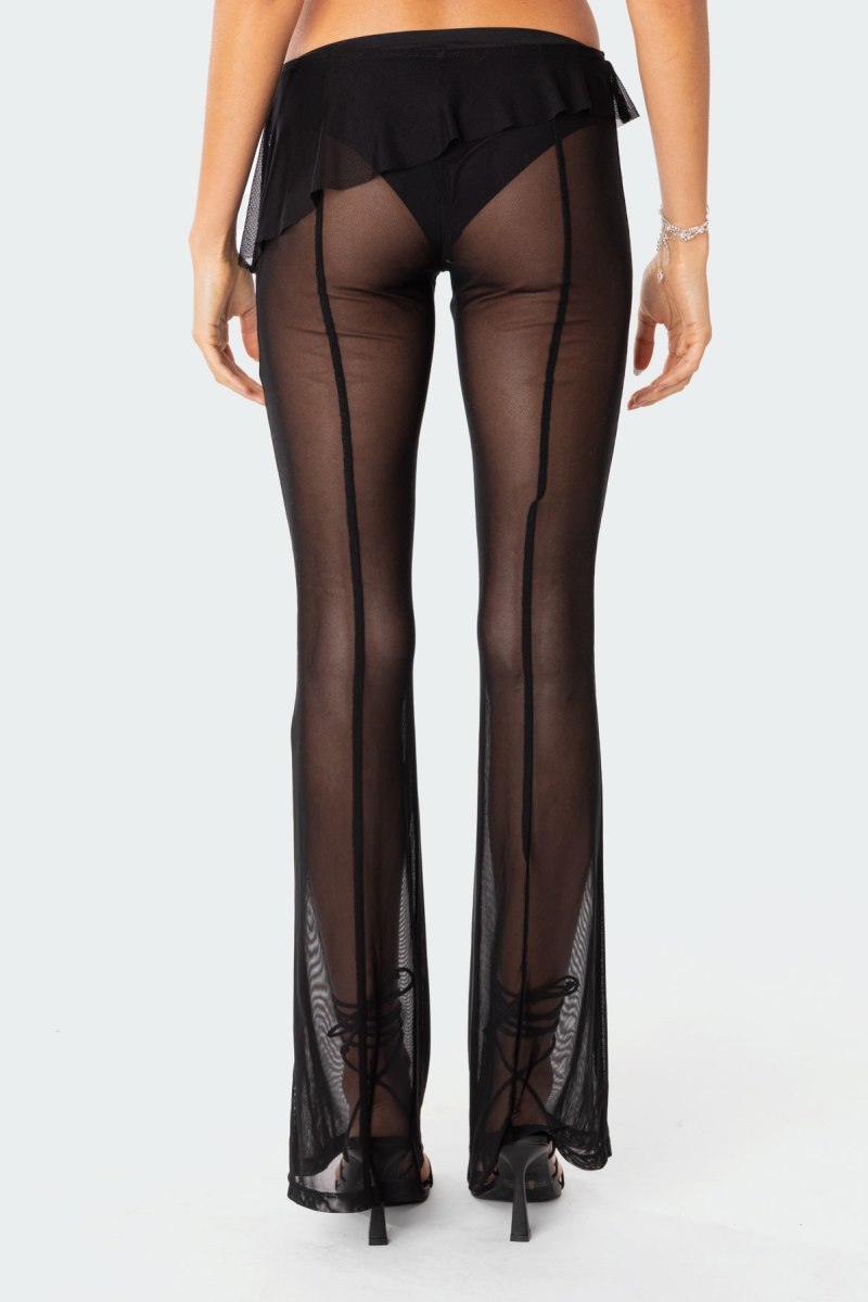 Edikted Carsen Ruffle Sheer Mesh Pants Black | USA RC907610G9