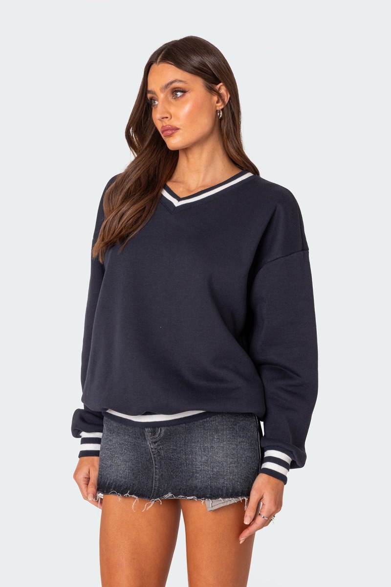 Edikted Caryn Oversized V Neck Sweatshirts Navy | USA AS920472T6